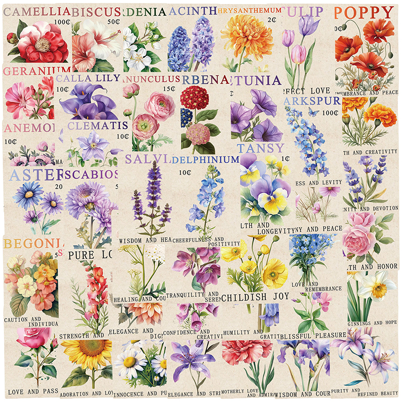Kids Toys Vintage - 50PCS Vintage Flower Postage Stamp Graffiti
